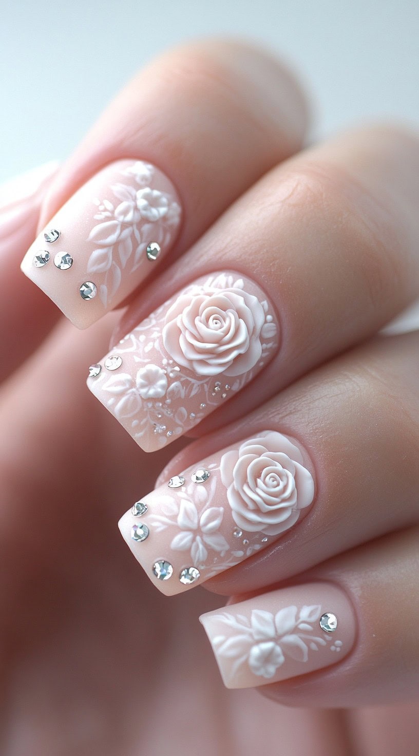 A close-up of nails adorned with intricate 3D white roses, lace-like patterns, and sparkling rhinestones on a soft nude-pink base.