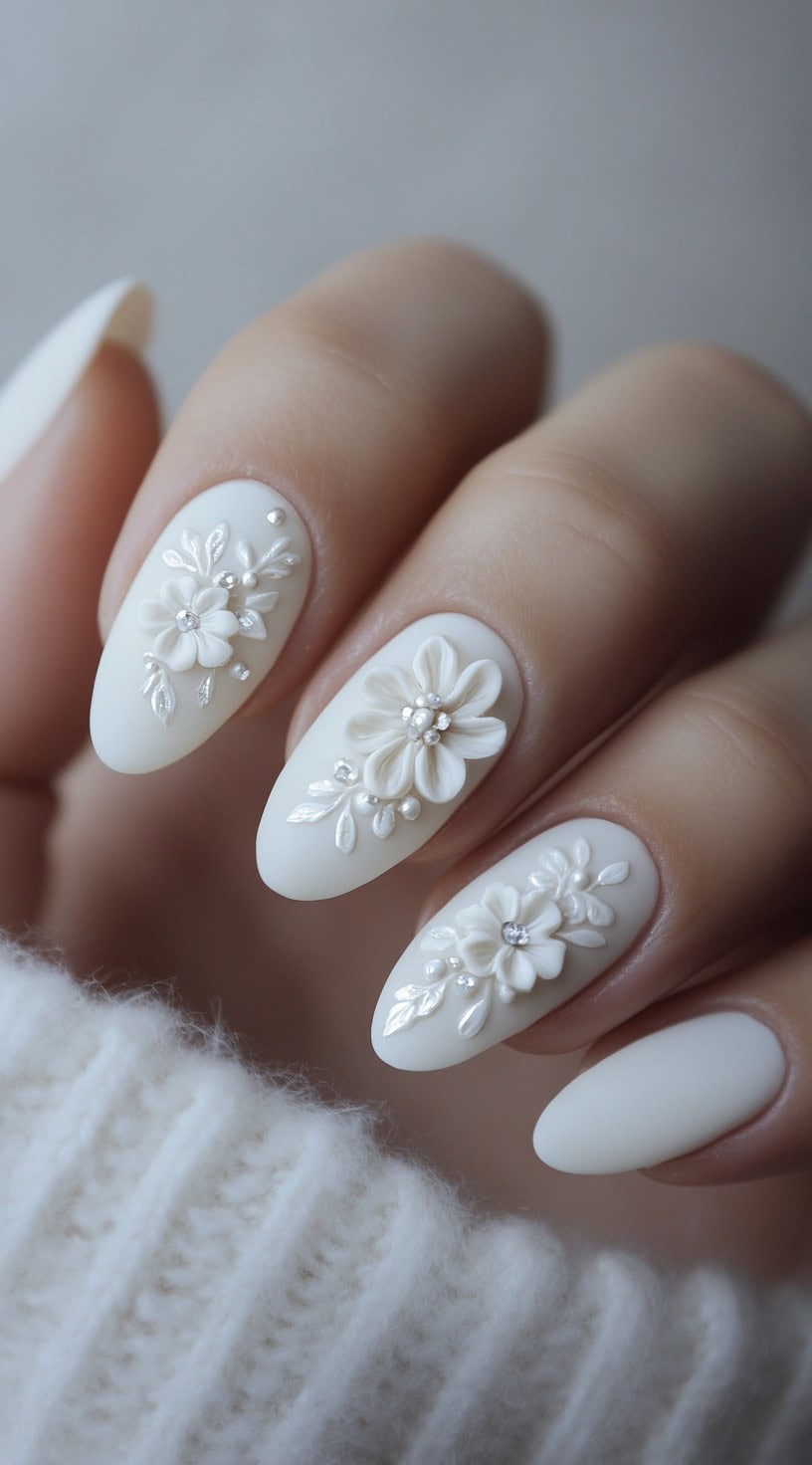 A close-up of a bride's hand with short almond-shaped nails, featuring a soft matte white base and delicate 3D floral appliqués with pearl accents.