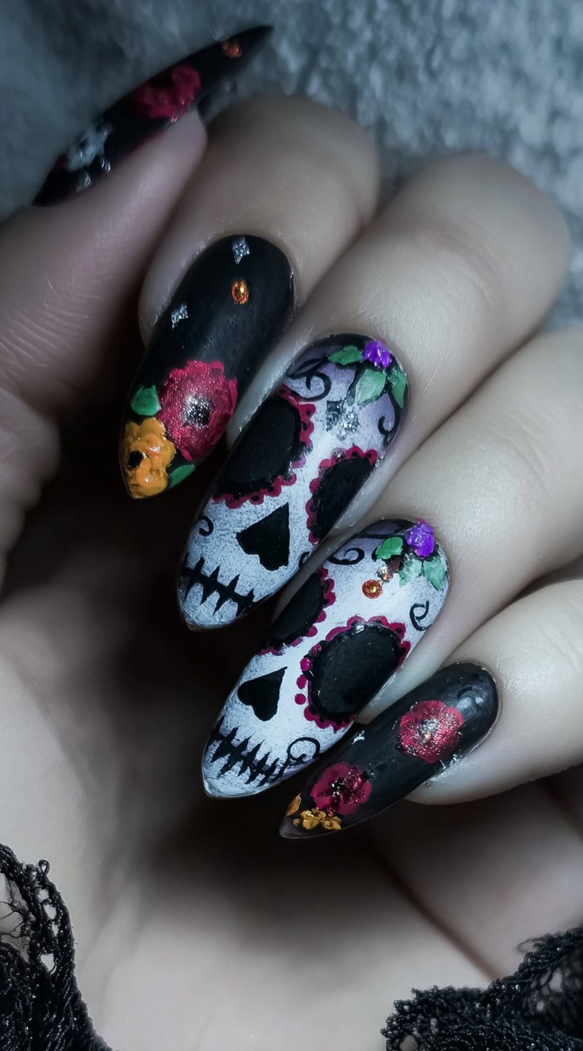 Long stiletto nails with a white and black sugar skull center design, surrounded by red and orange 3D floral elements.