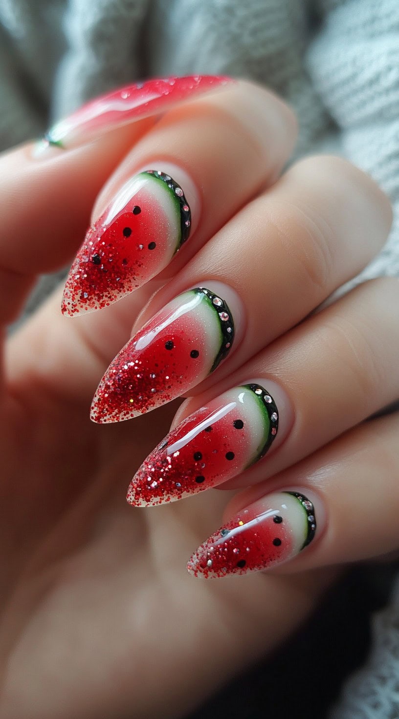 Almond-shaped nails with red glitter tips styled as watermelon flesh and sparkling green rinds at the cuticle line.