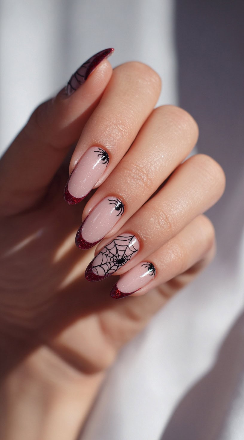 Almond-shaped nude nails with glittery red French tips, spider illustrations, and a detailed web.