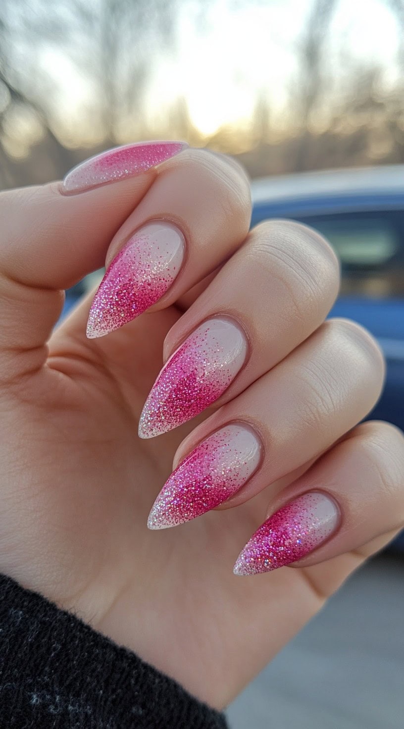 A hand with almond-shaped nails featuring a hot pink glitter fade over a sheer nude and white base.