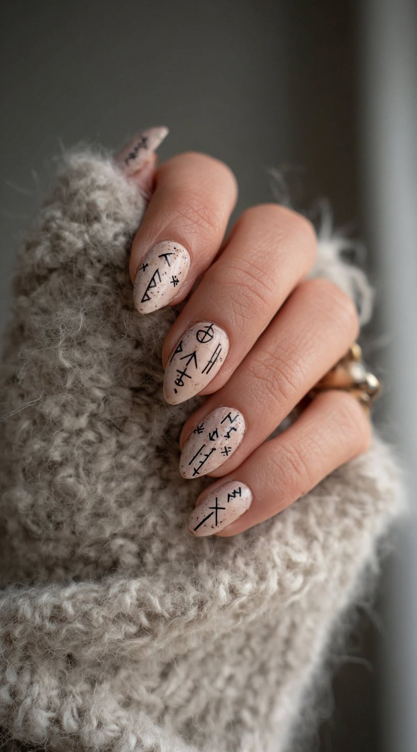 A hand with beige almond-shaped nails speckled like stone, covered in intricate black Viking rune inscriptions.