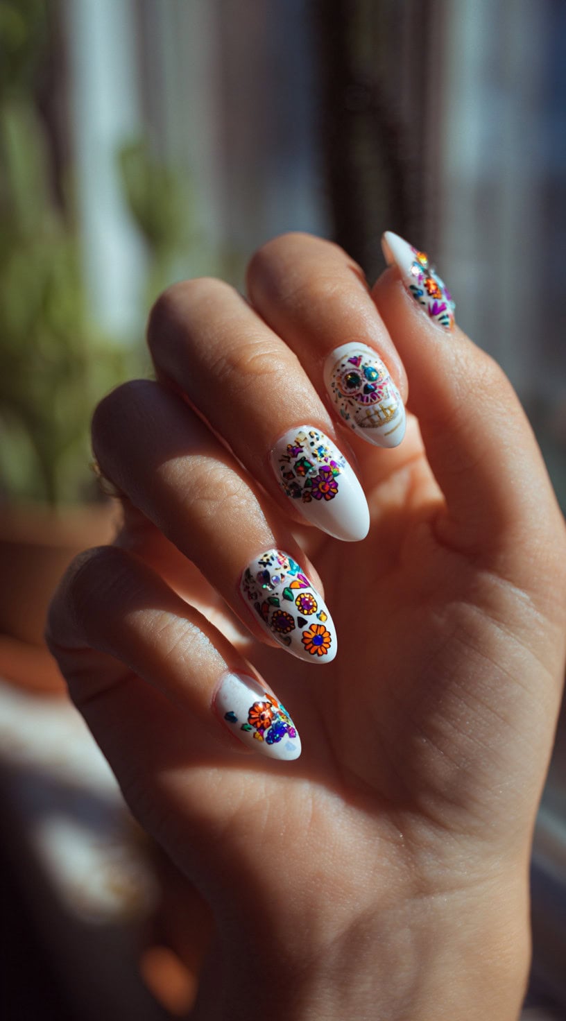 Almond-shaped white nails featuring detailed sugar skulls, colorful florals, and intricate dotted patterns.