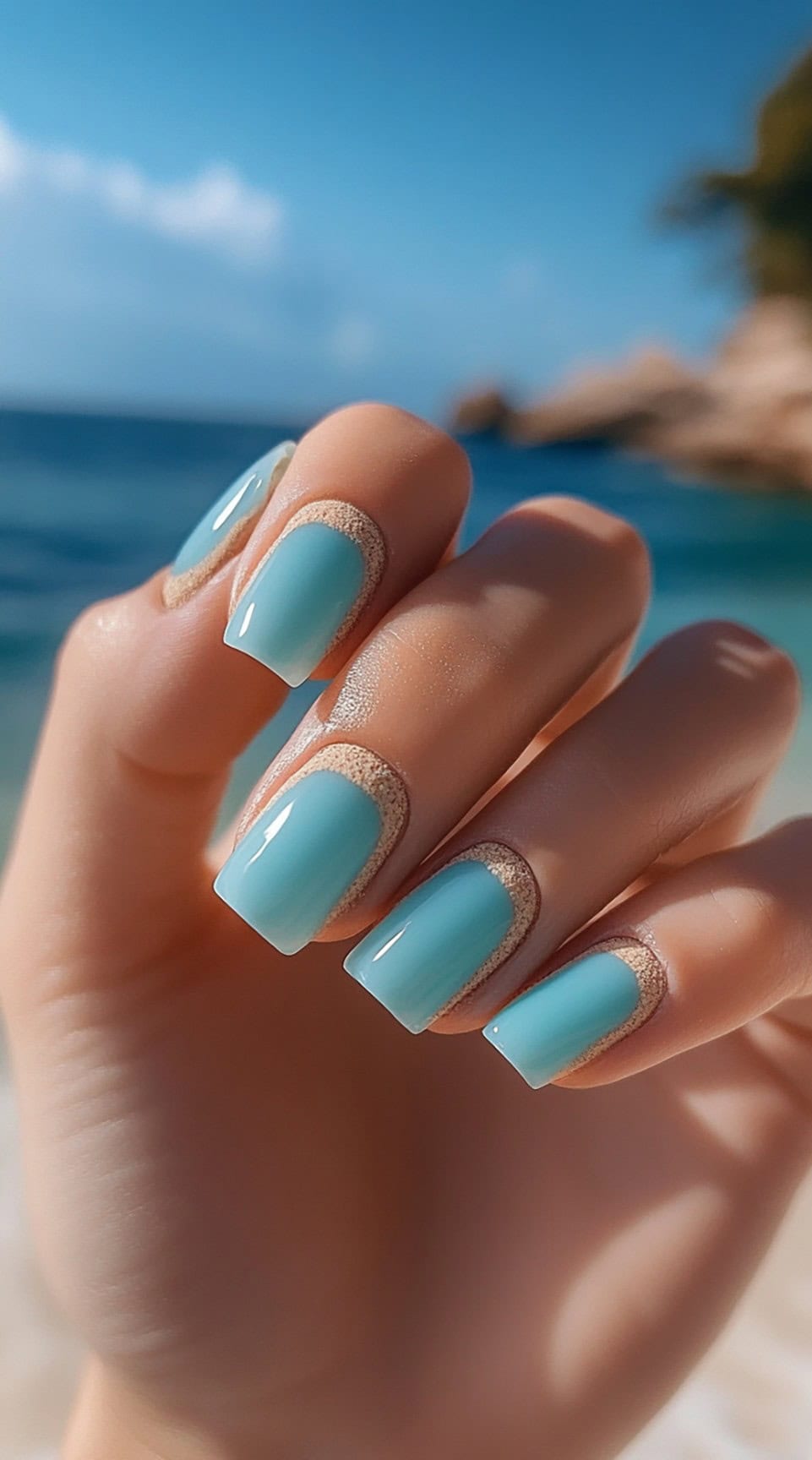Square-shaped nails with an aqua blue base and a sand-colored frame around each nail, giving a beach-inspired look.
