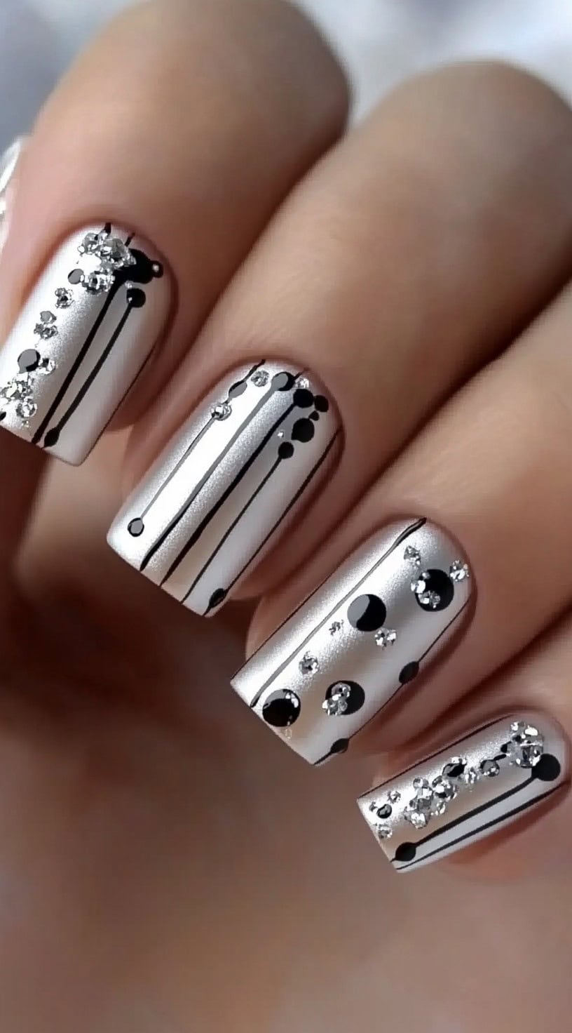 A close-up of square-shaped nails with a silver metallic base, adorned with black geometric lines, dots, and rhinestone accents.