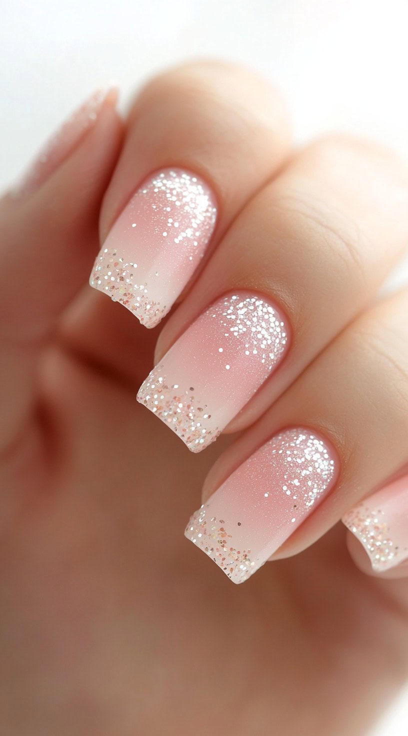 A hand with short square nails featuring a soft pink-to-white ombré topped with silver glitter near the tips.