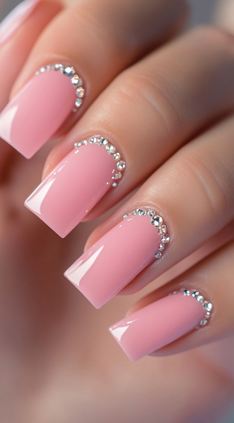 A set of square-shaped nails in a baby pink shade, adorned with tiny shimmering rhinestones along the cuticles.