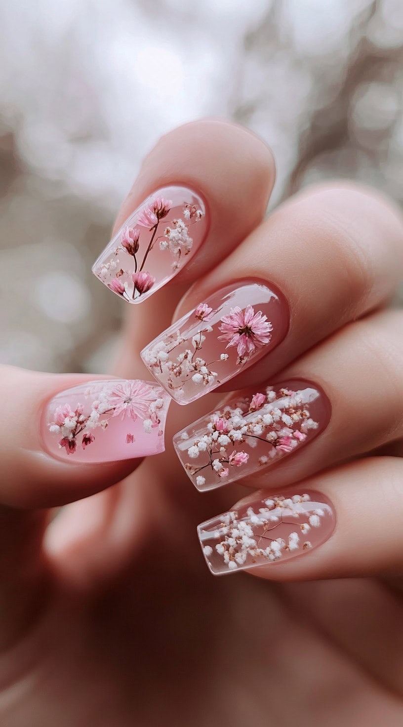 A set of square nails with a transparent pink base featuring real dried baby's breath flowers encased in clear acrylic.