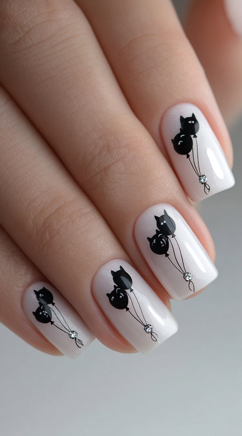 A hand with medium-length square nails painted a subtle sparkly white, decorated with black balloon-shaped cats held by fine string and finished with rhinestone accents.