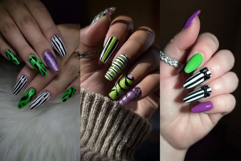 28 Wicked Beetlejuice Nails Ideas: Halloween Looks With Stripes, Slime, and Sparkle