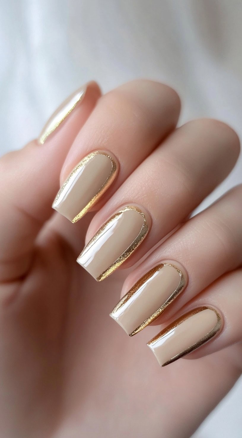 Neutral beige nails outlined with a thin metallic gold edge on square-shaped nails.
