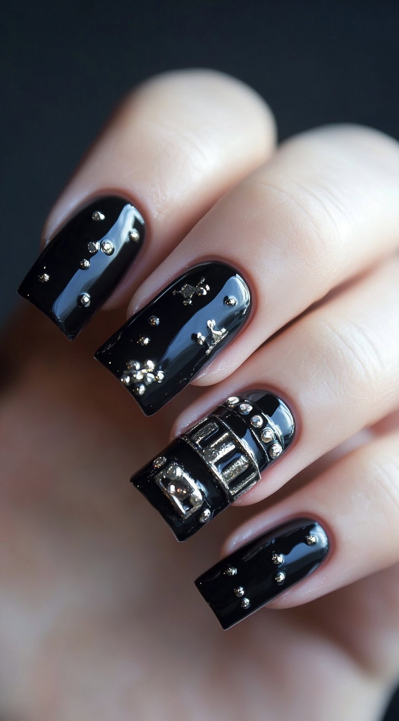 Glossy black square nails with gold metallic studs and embellishments, including a detailed belt buckle design on the accent nail.