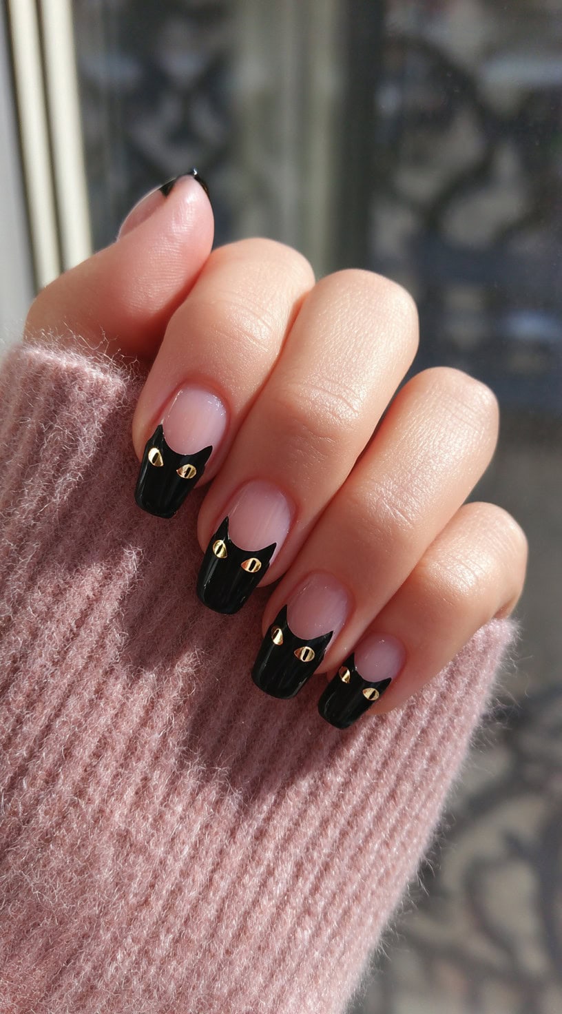 Short to medium-length nails with clear pink bases and black cat head silhouettes as French tips, featuring golden eyes.