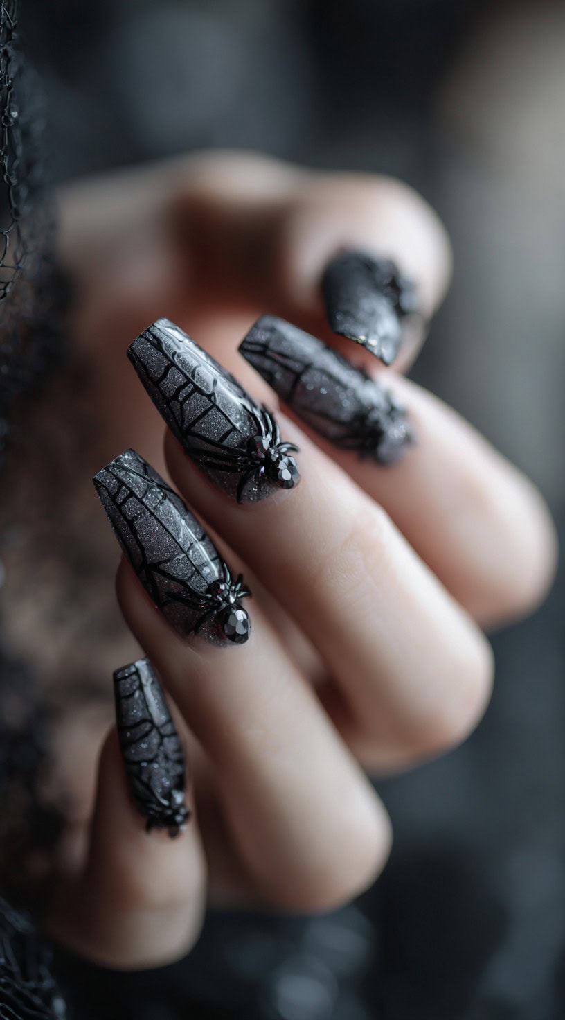 A hand with coffin-shaped black glitter nails featuring raised black spiders and glossy web detailing.