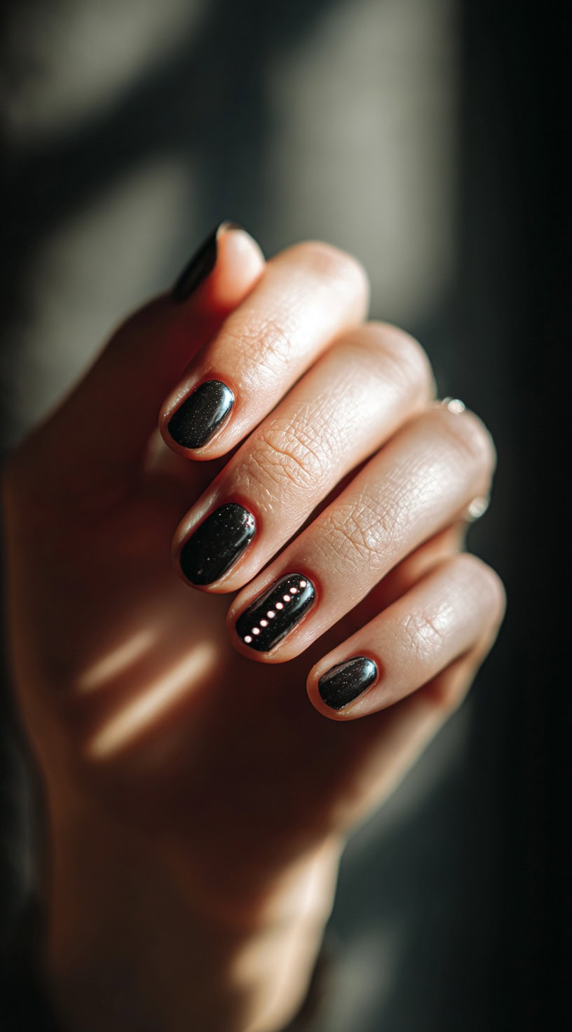 A hand with short round black glitter nails, one of which features a vertical row of tiny metallic dots.