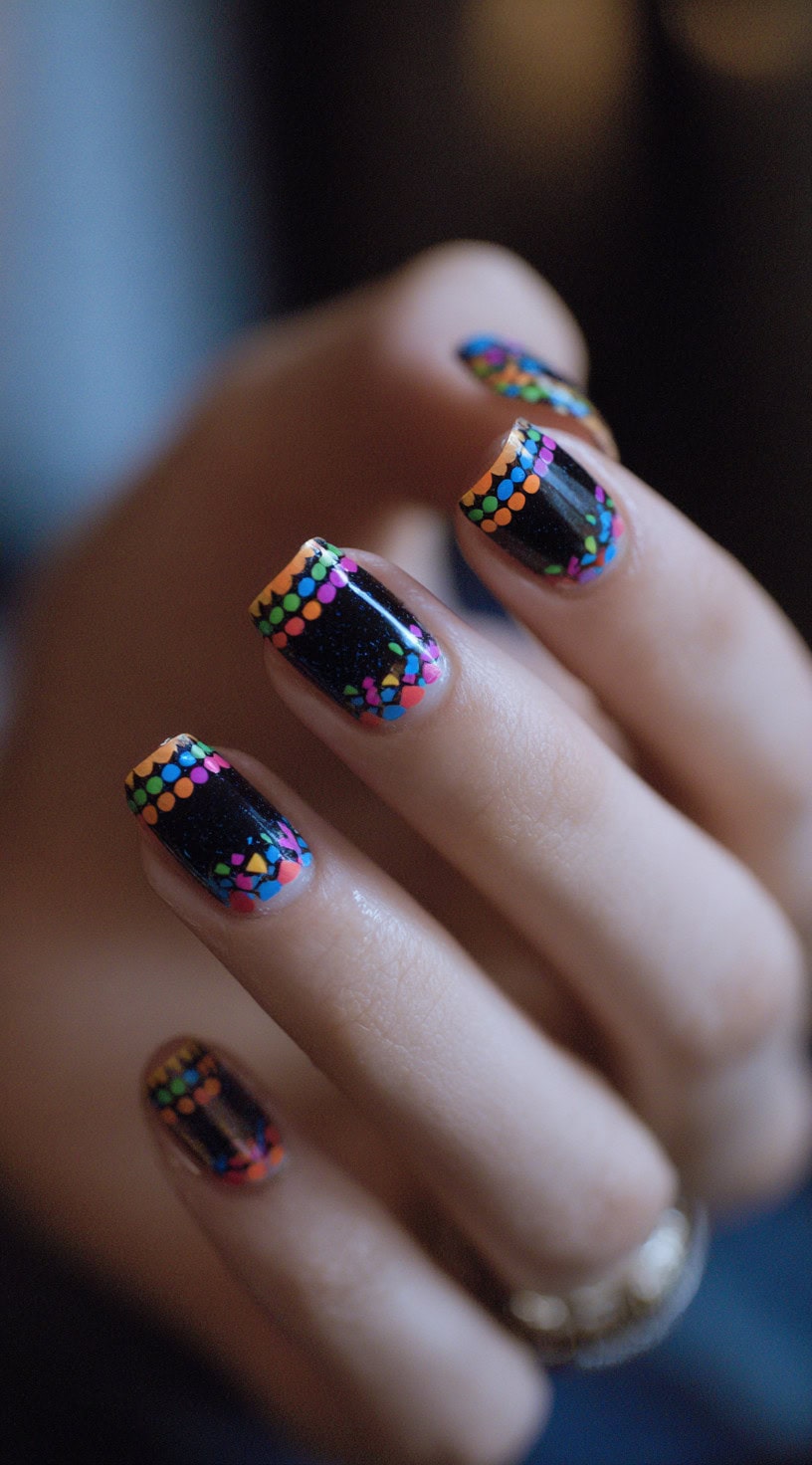 Short square-shaped black nails with bright neon dots forming borders and confetti-like patterns at tips and cuticles.