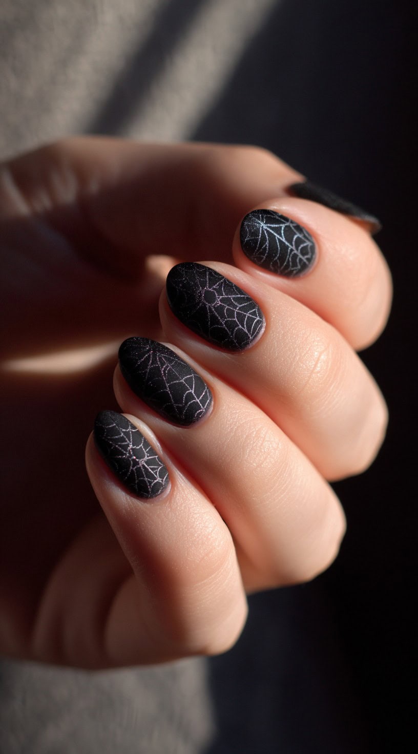 A hand with short black oval nails, each covered in a subtle glossy spiderweb design.