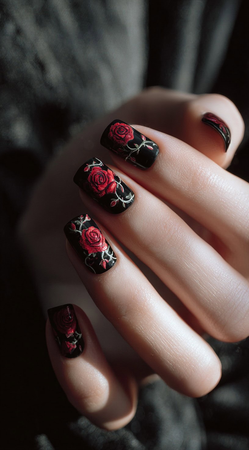 Short, square black nails adorned with vivid red roses and delicate green vine details.