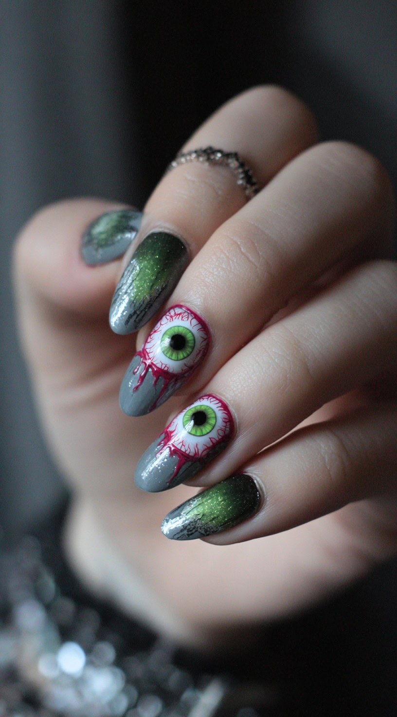 A hand with almond-shaped nails featuring realistic eyeball art on two fingers and shimmery green-to-gray gradients on the others.