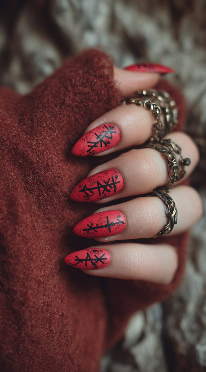 A hand with blood-red almond-shaped nails, each painted with bold black runic symbols and speckled distress effects.