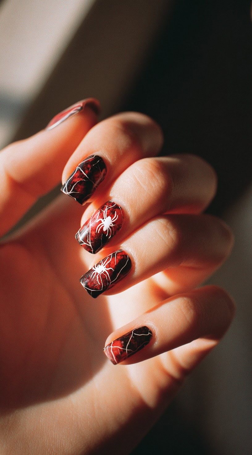A hand with square nails painted in blood-red marbled polish overlaid with white spider webs and white spider decals.