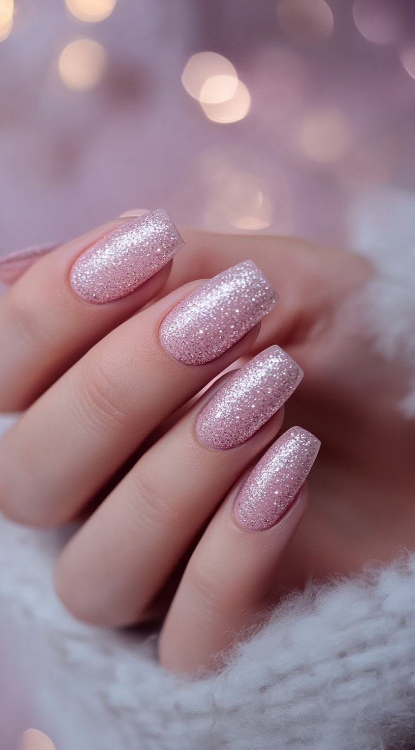 A set of blush pink coffin-shaped nails fully covered in fine iridescent glitter for a sparkling finish.