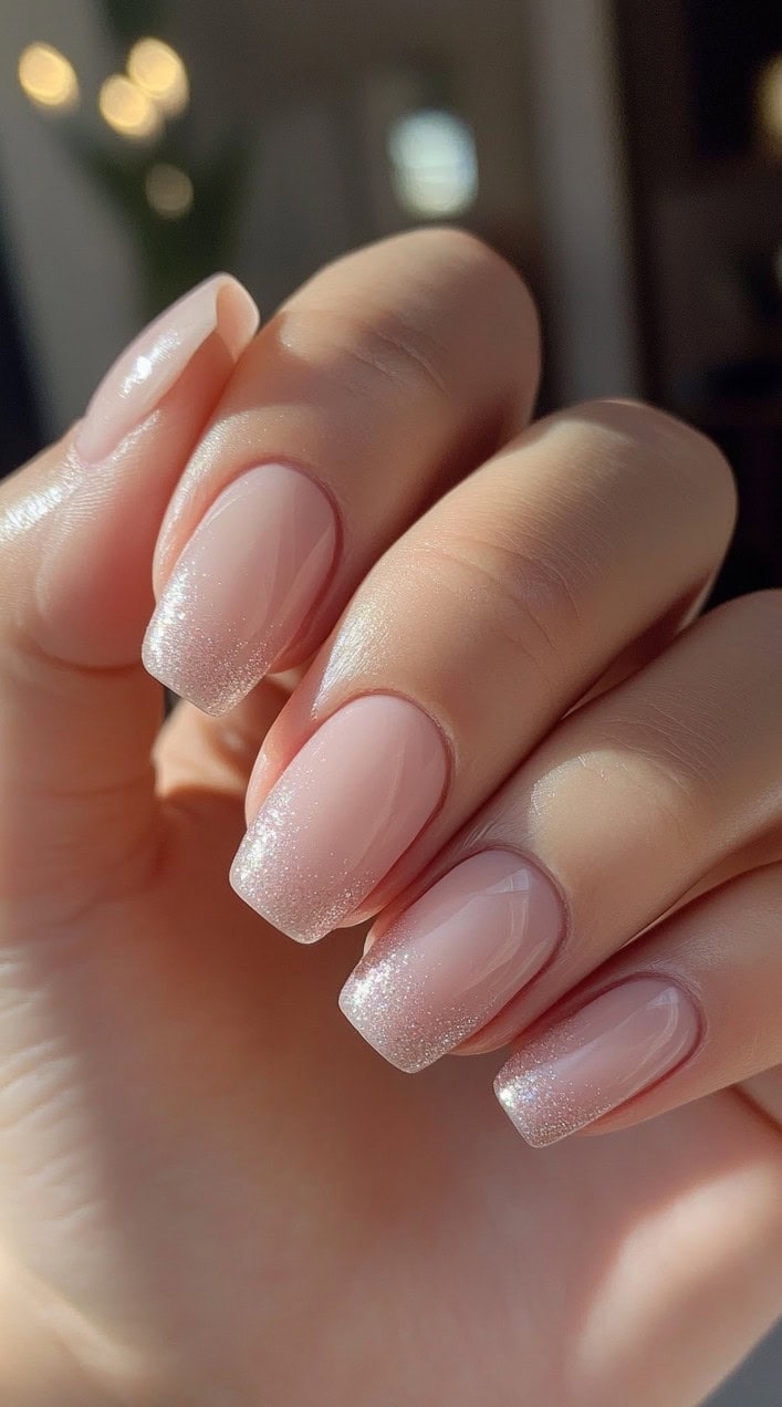 A close-up of a bride's hand with short square-shaped nails featuring a soft blush pink base with a delicate silver glitter fade on the tips.