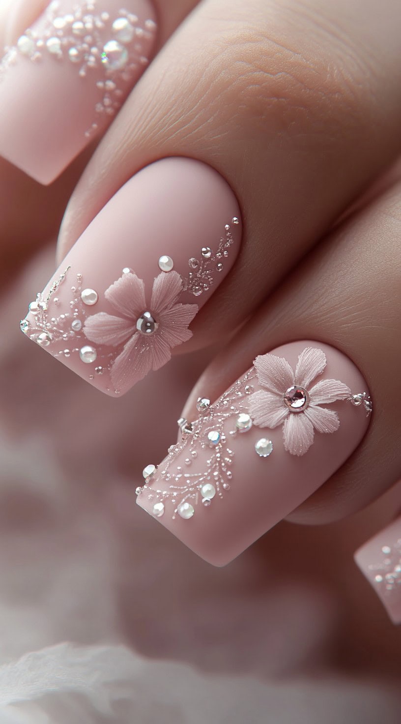 A close-up of blush pink matte nails with delicate 3D floral designs, small pearl accents, and intricate bead detailing, creating a soft and romantic bridal look.