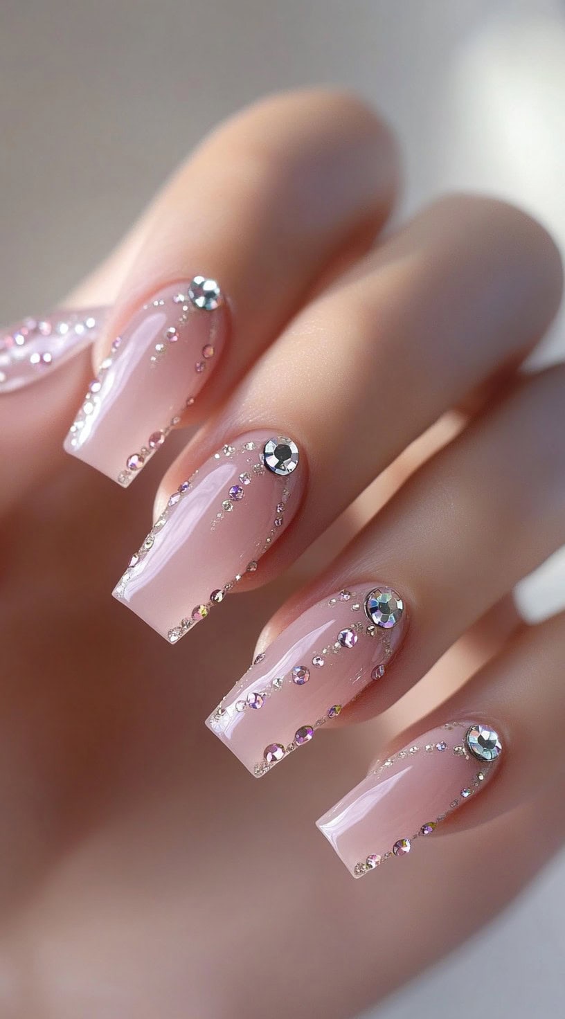 A close-up of long, square-shaped nails in a sheer blush pink shade, adorned with sparkling rhinestones arranged in cascading patterns.