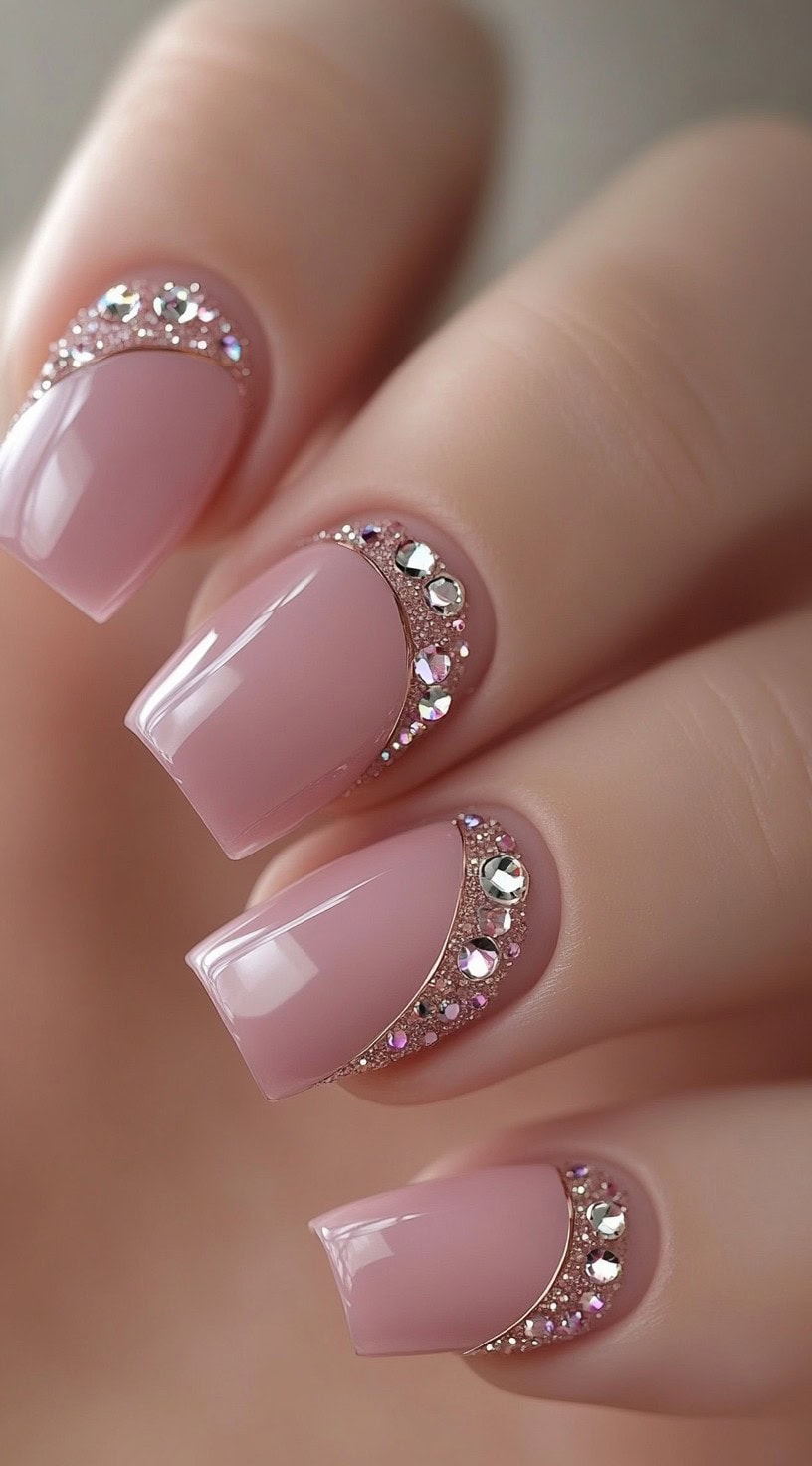 A close-up of square-shaped blush pink gel nails featuring sparkling rhinestones along the cuticle, creating an elegant and luxurious look.