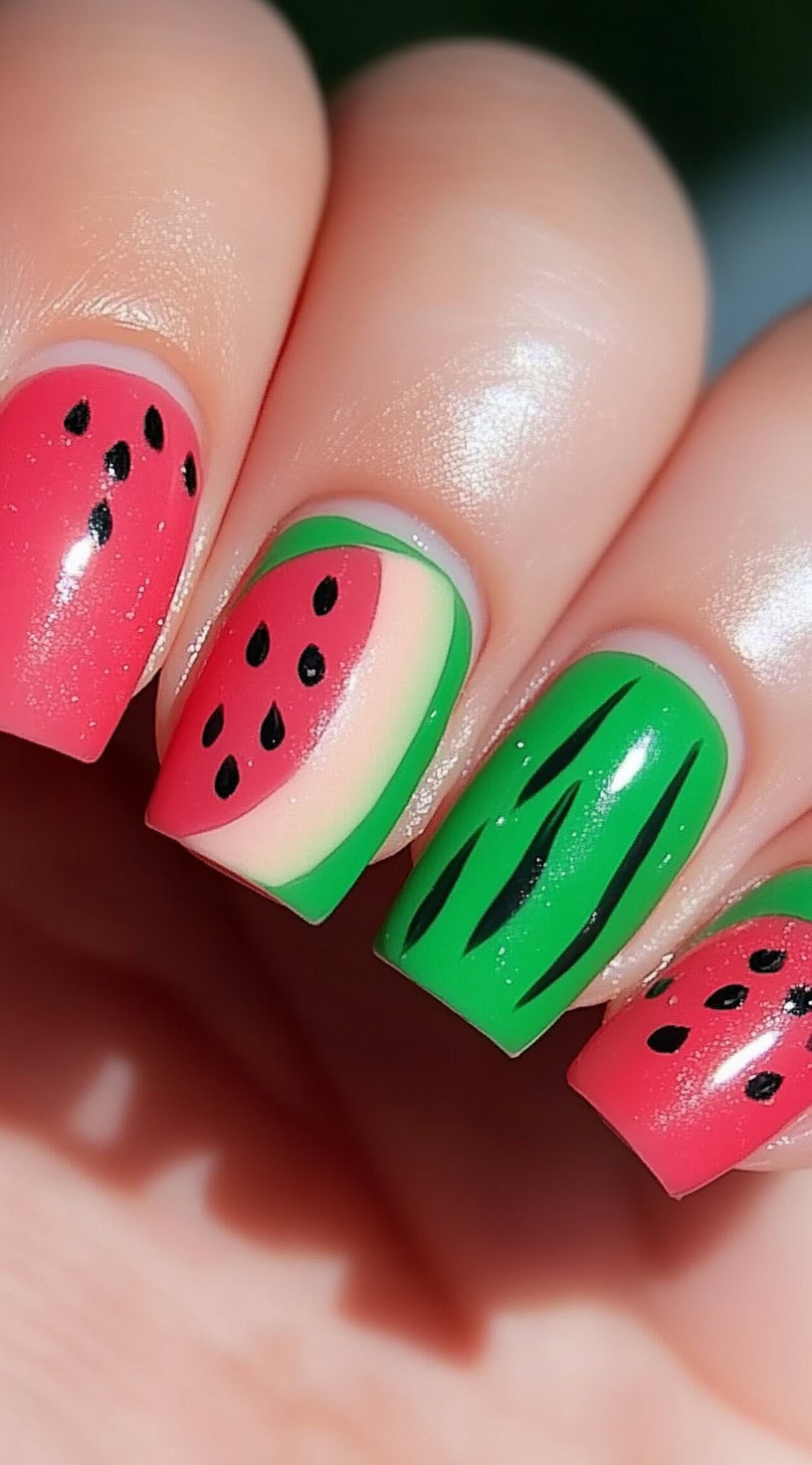 Short square nails painted in bright watermelon shades, with slices, full fruit patterns, and rind texture designs.