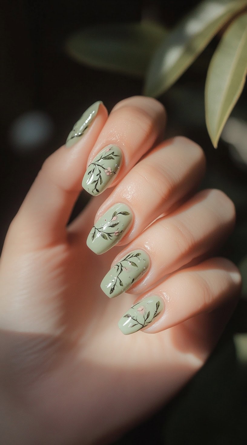 A set of soft sage green nails adorned with delicate hand-painted botanical details, including leaves and tiny pink floral accents.