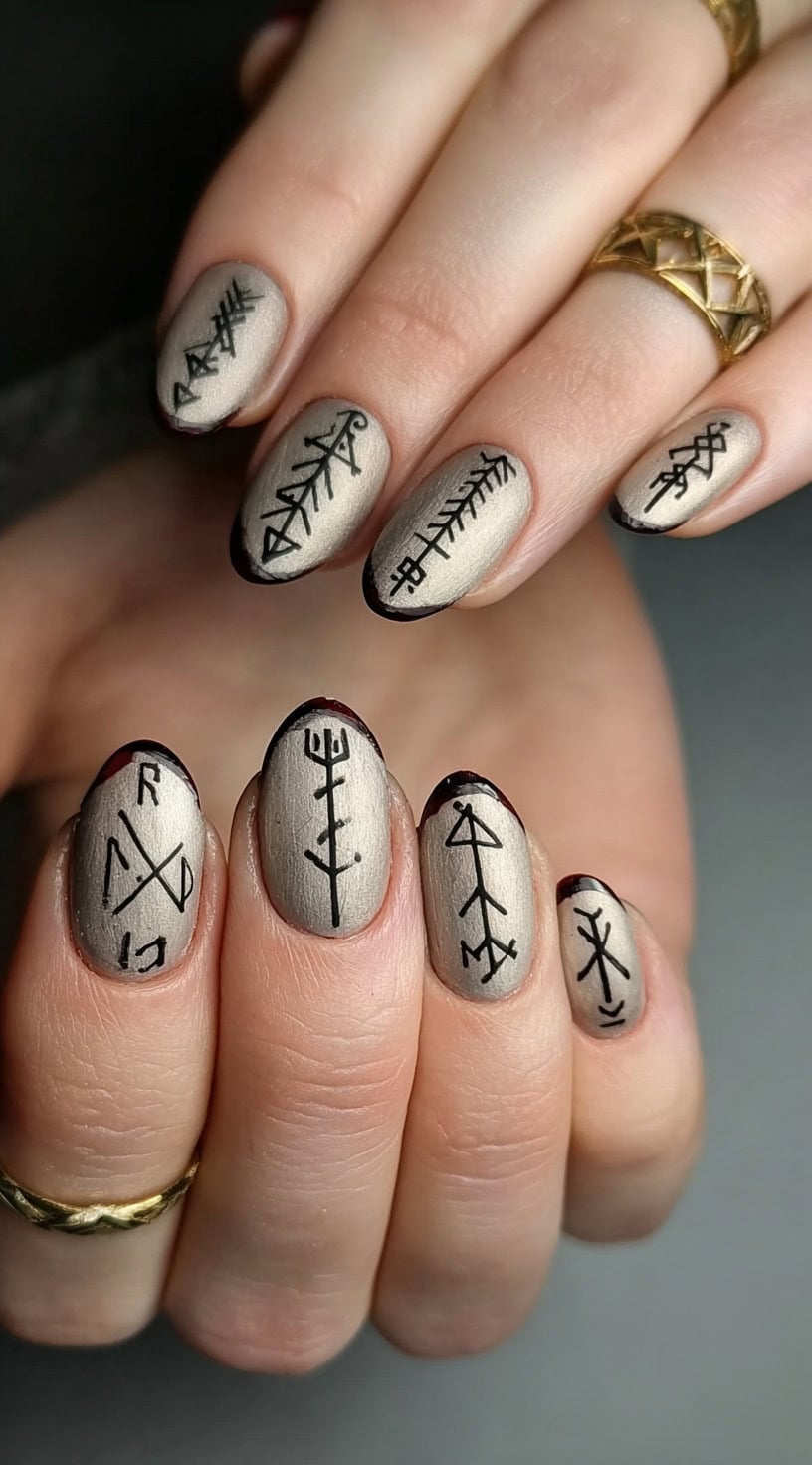 A hand with medium almond nails in a metallic bronze sheen, each marked with vertical black runes.