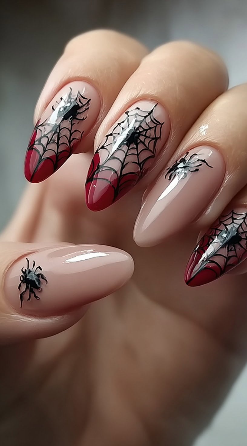 A hand with nude almond nails and burgundy French tips decorated with black spiderwebs and spider decals.