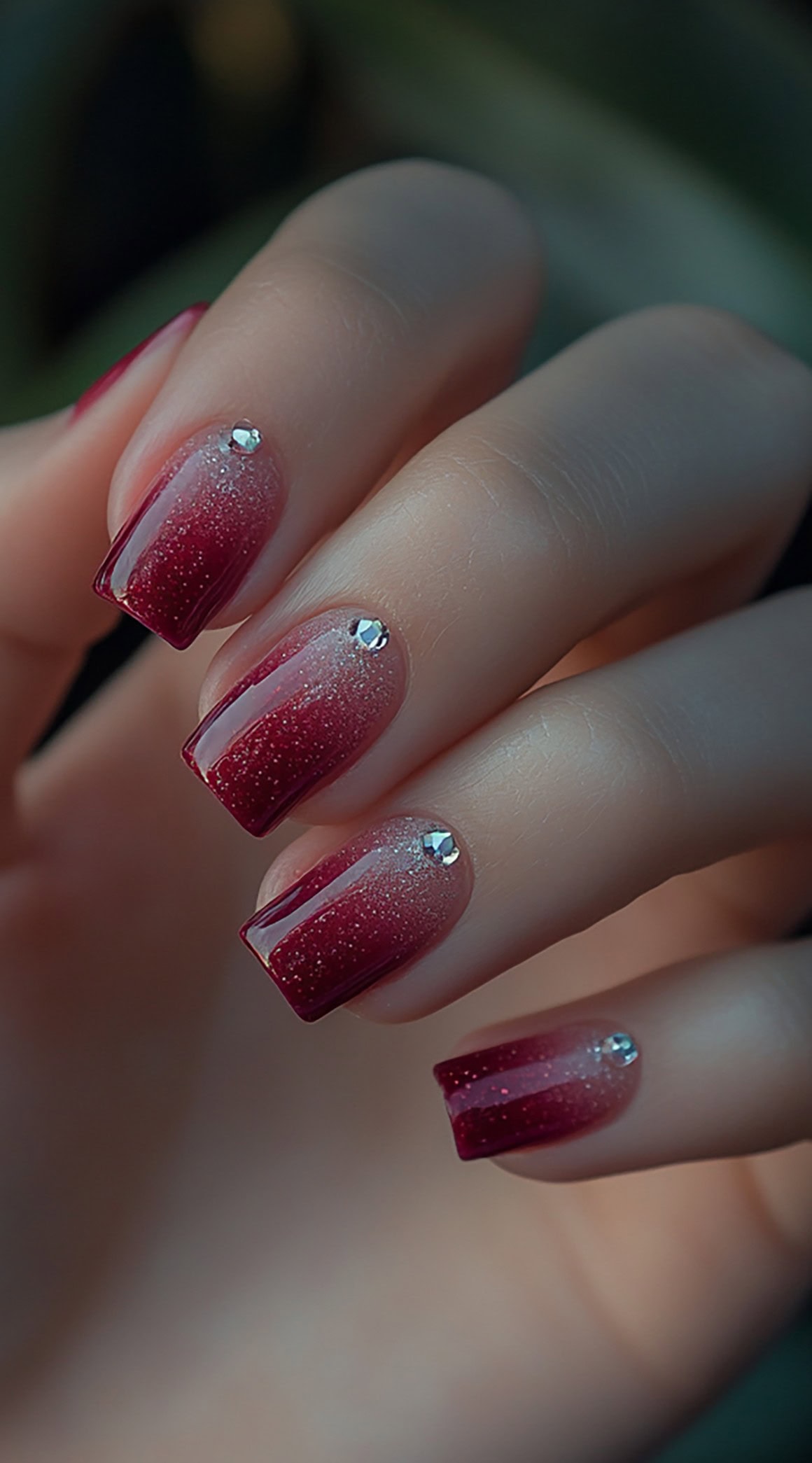 A set of burgundy-to-nude ombre nails with a subtle shimmer finish and small rhinestone accents on a square nail shape.