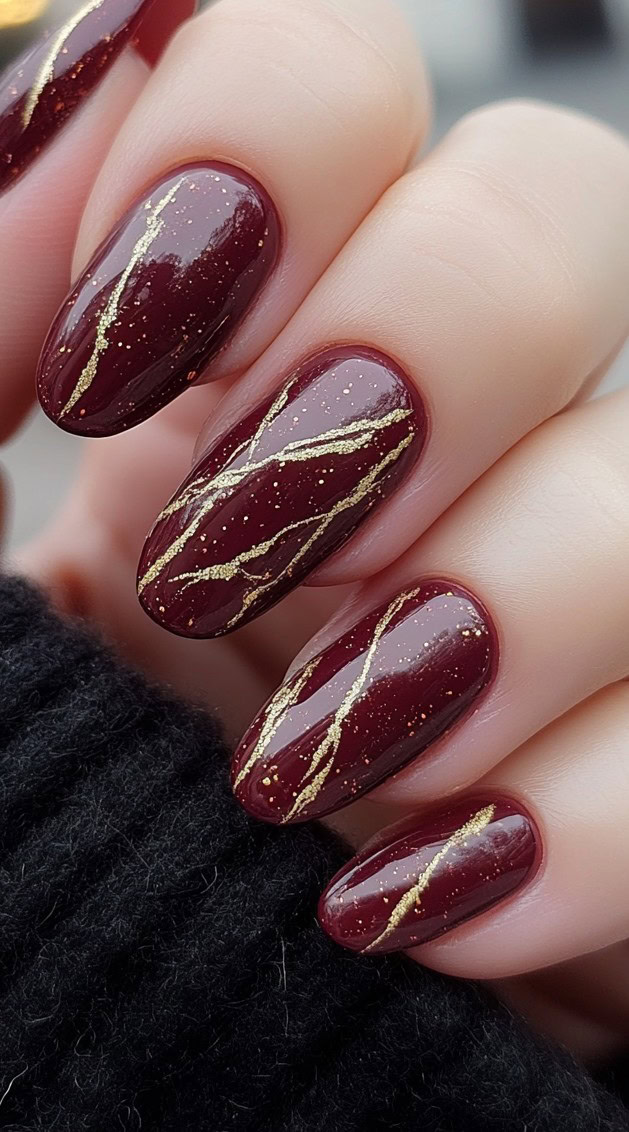 A set of round-shaped burgundy nails featuring delicate gold vein-like patterns, resembling natural marble or quartz.