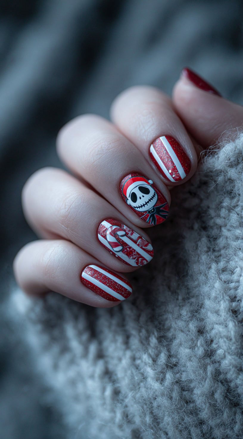 Short nails painted with red and white candy cane stripes, featuring Jack Skellington wearing a Santa hat.