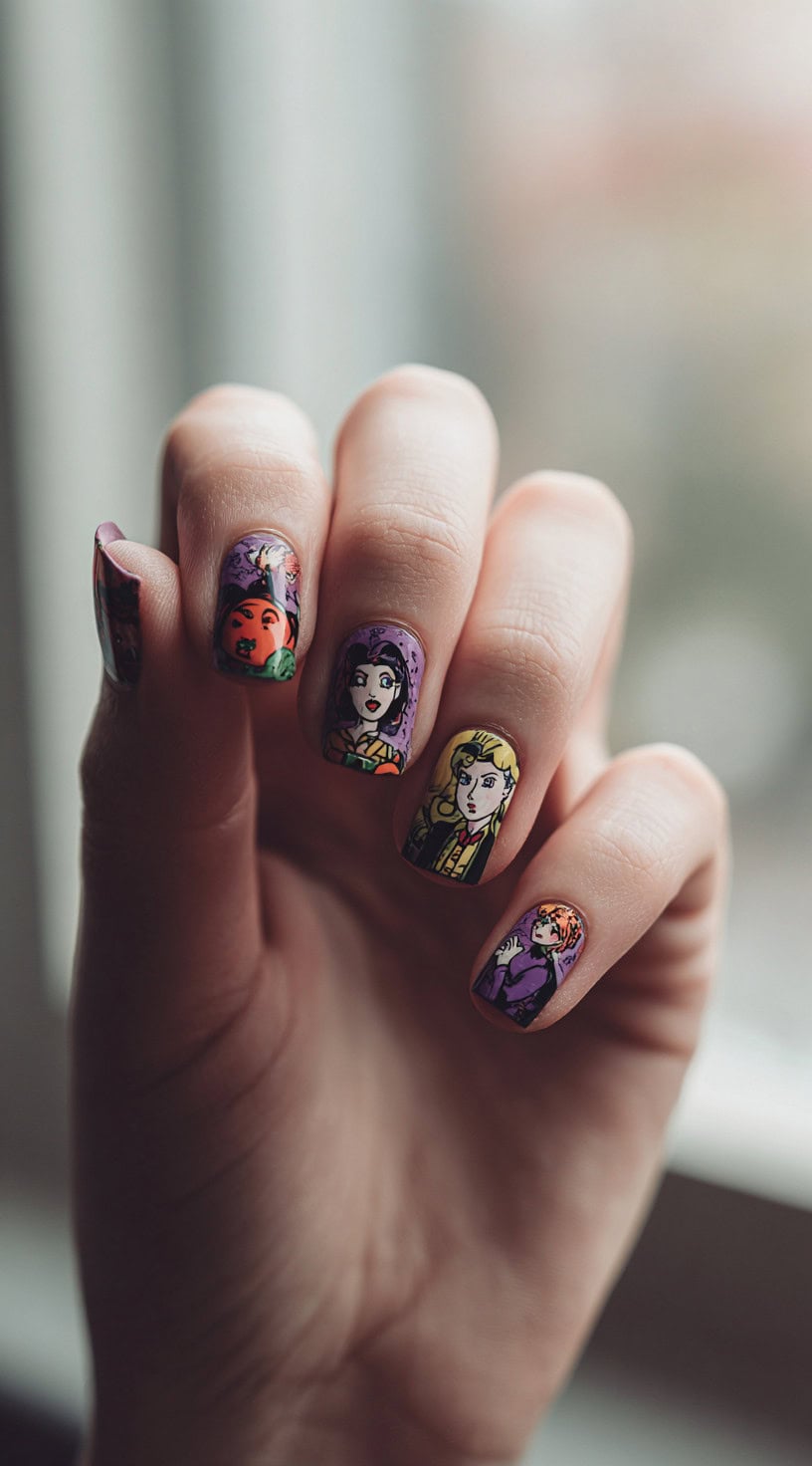 Square nails painted with detailed cartoon portraits of the three Sanderson sisters from Hocus Pocus.