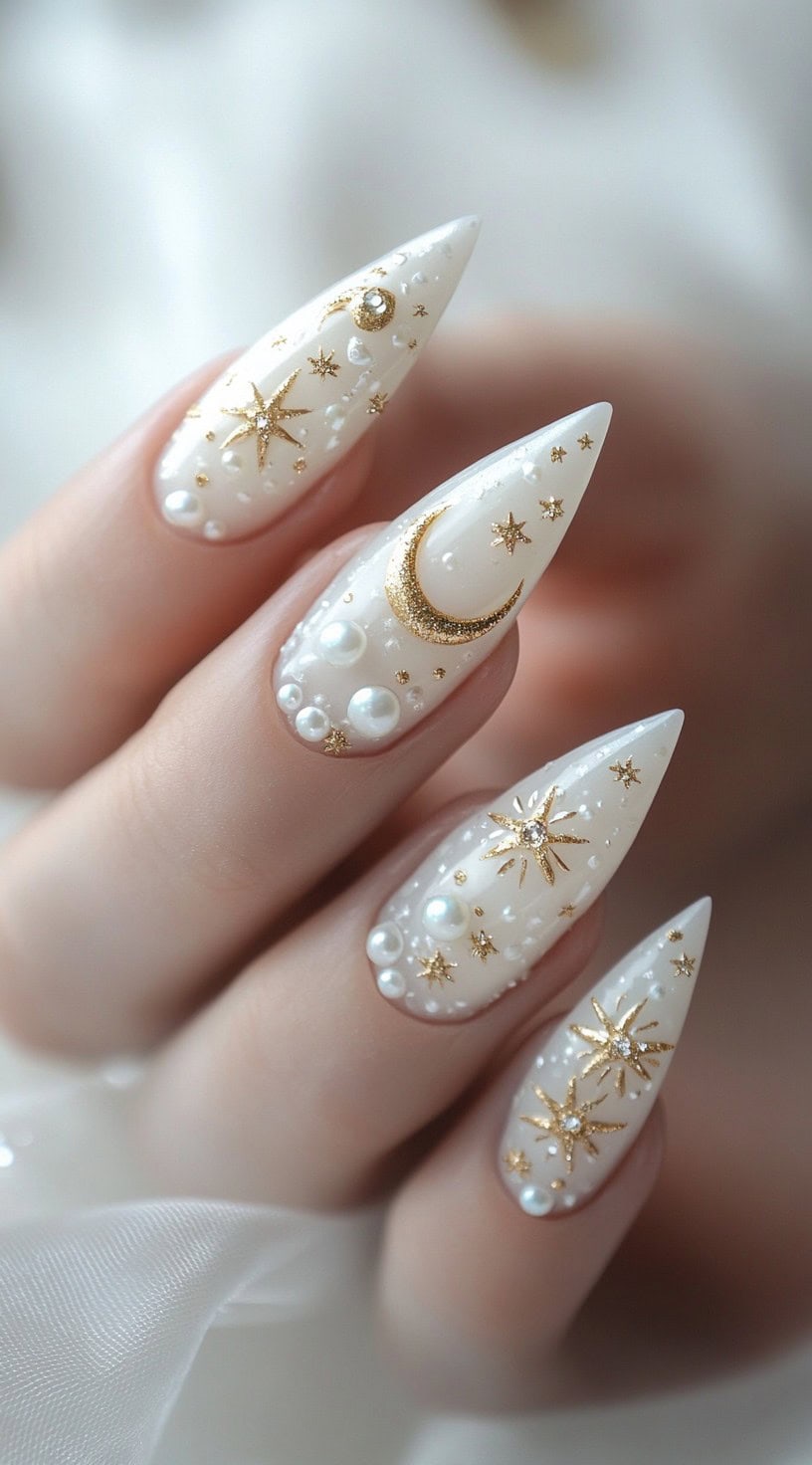 Stiletto-shaped nails with a white base, decorated with gold celestial designs, tiny pearls, and sparkling stars for a dreamy bridal look.