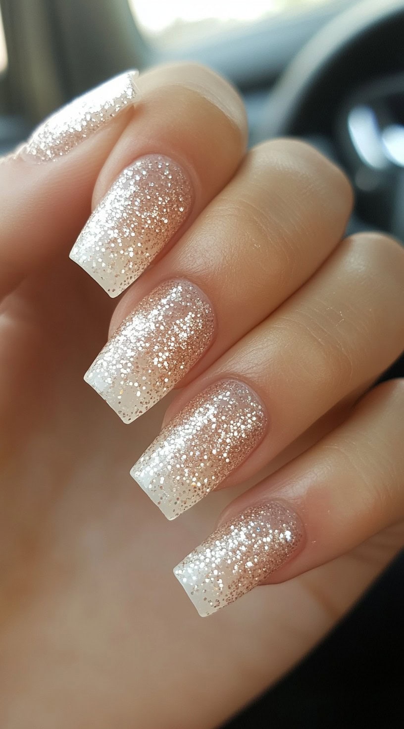 A set of square-shaped nails with a champagne-toned glitter ombre, fading from a natural nude base to dazzling tips.