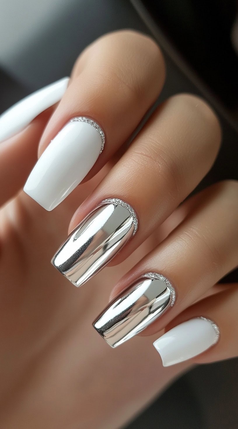 Five square-shaped nails alternating between chrome silver and pure white, with silver glitter outlining the cuticle on each nail.
