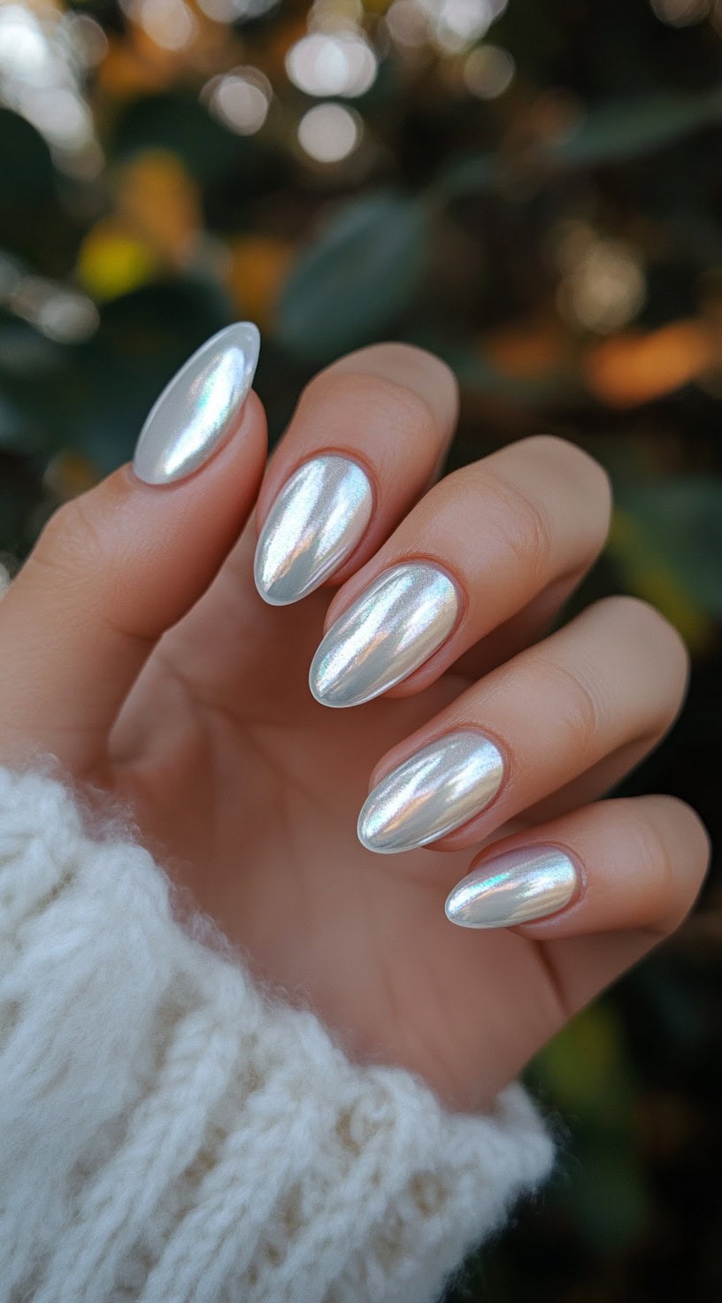 A close-up of a bride's hand with short almond-shaped nails featuring an iridescent pearl chrome finish, reflecting soft hues of silver and white for an enchanting bridal look.