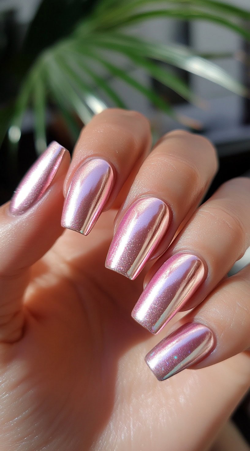 A set of long, square-shaped nails with a reflective pink chrome finish.