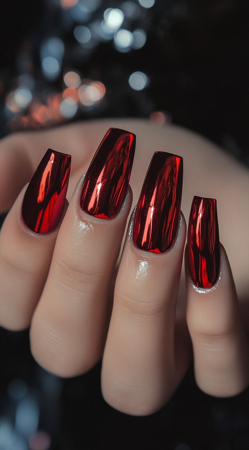 Glossy red chrome nails in a coffin shape with metallic reflections and a mirror-like finish.
