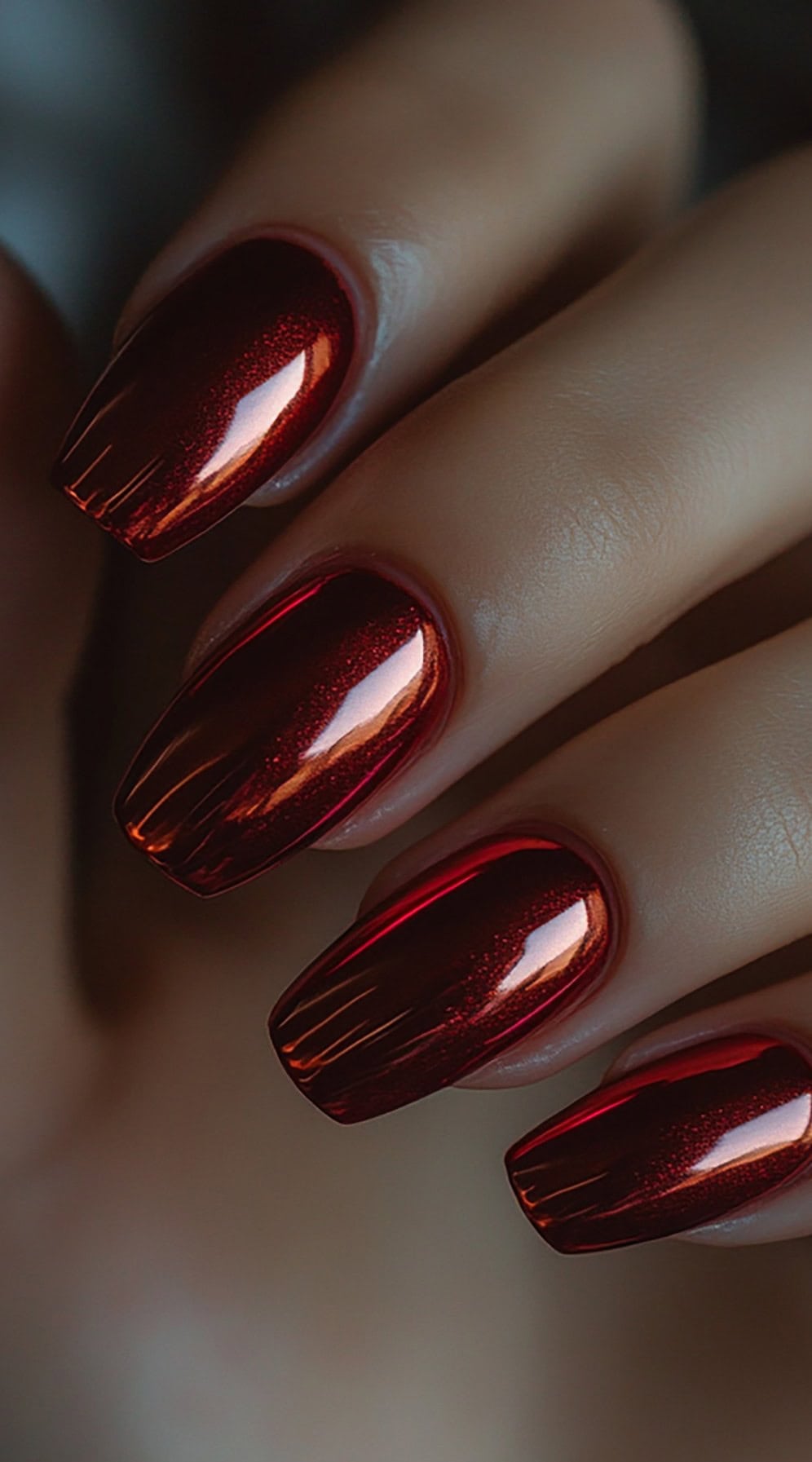 Glossy chrome red nails with a reflective mirror-like finish on a square nail shape.