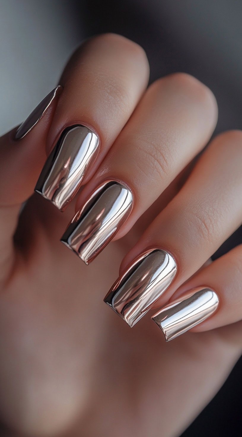 A hand with long, square-shaped nails featuring a high-shine, mirror-like rose gold chrome finish.