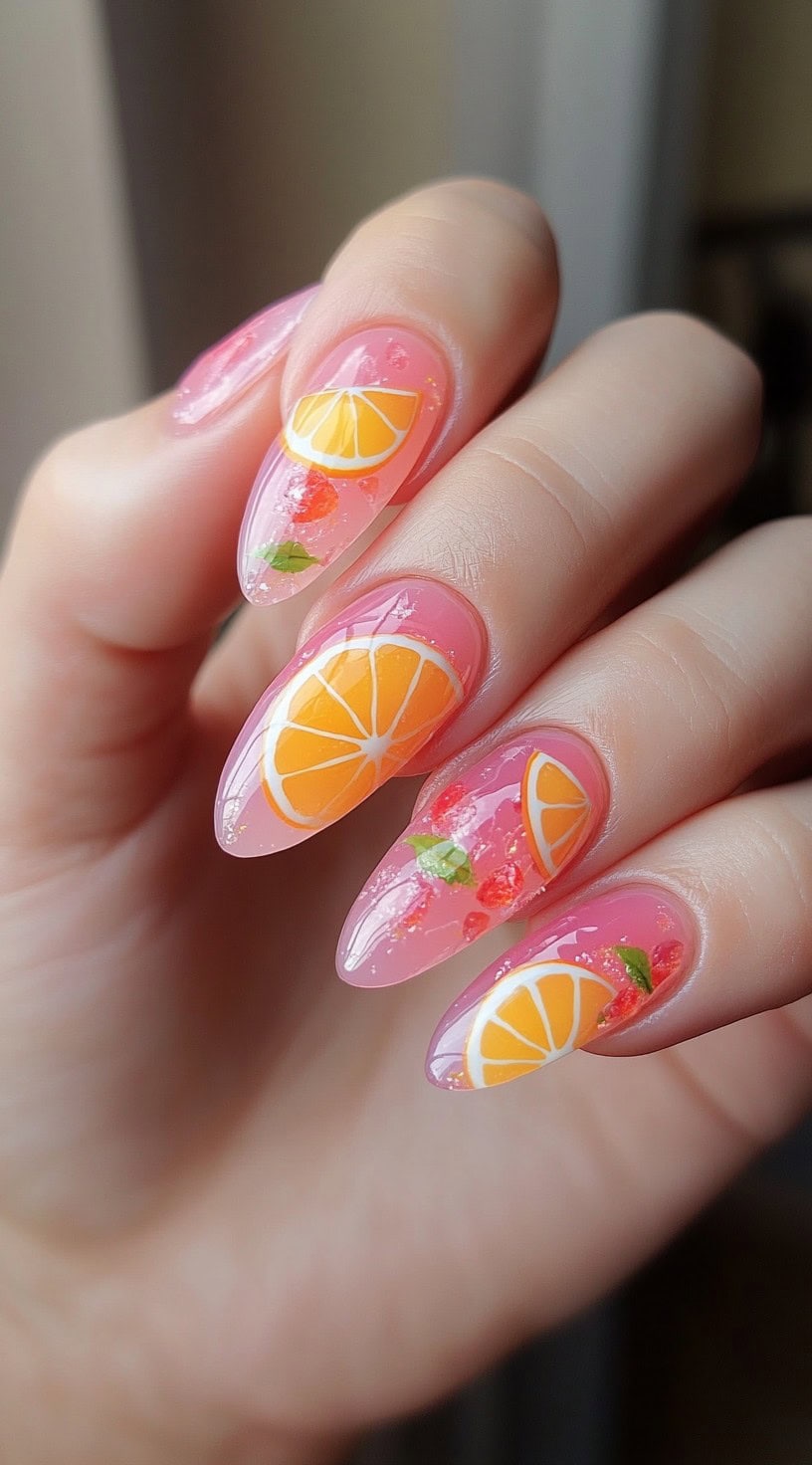 Almond-shaped nails with a transparent pink base decorated with orange citrus slices, tiny red berries, and green leaf details.