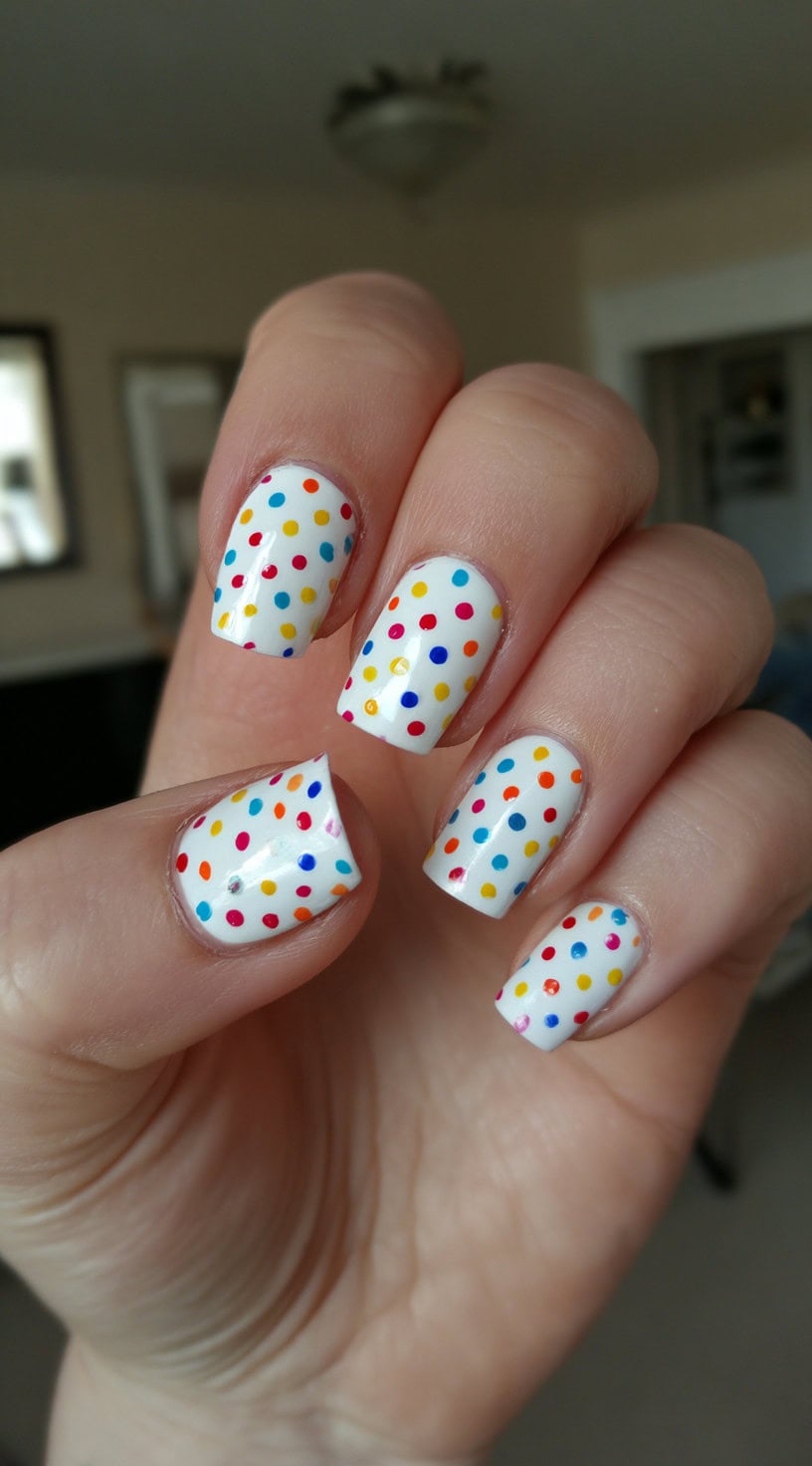 Short white nails painted with neat, multicolored polka dots in red, orange, blue, and yellow.