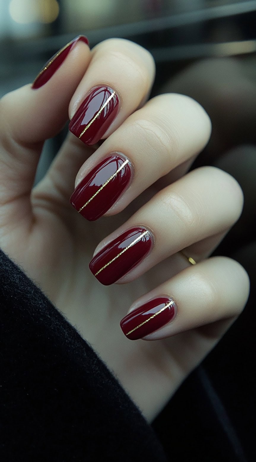 A chic deep red manicure with glossy shine, featuring fine gold line accents on a short square nail shape.